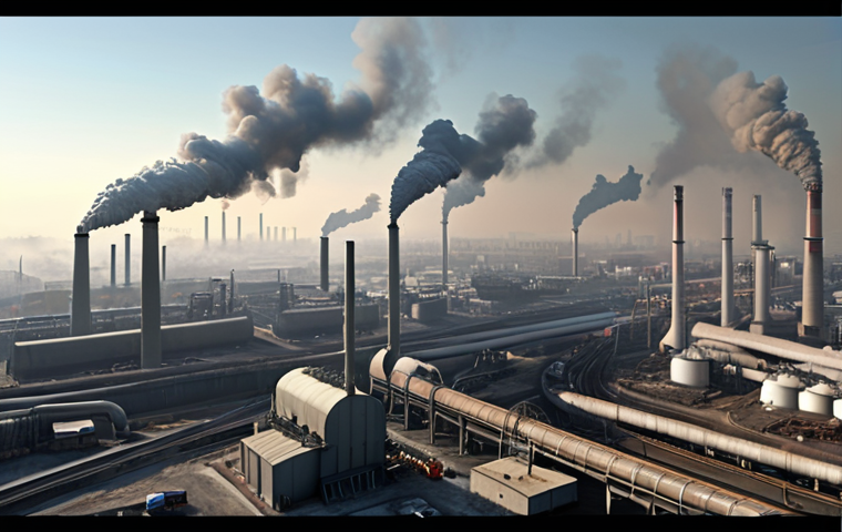 ** "Atmospheric pollution sources, detailed emission inventory illustration, factories, traffic, construction, wind direction, haze, pollution map, smog."

**