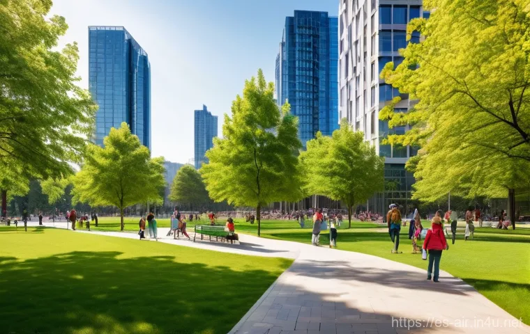 대기환경기사와 관련한 필수 법규 요약 - **Prompt:** A bustling, modern city park on a clear, sunny day. The sky is a vibrant blue, free of s...