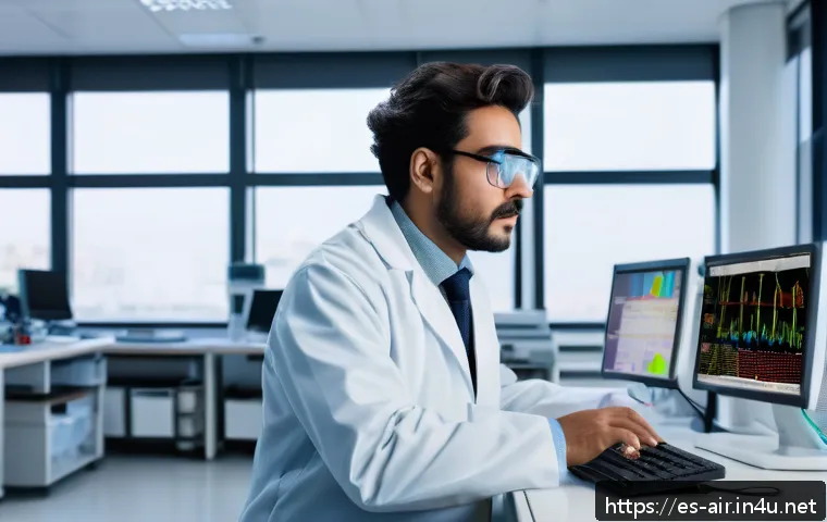 대기환경자격증 필기시험 난이도 - A professional environmental scientist in a modern laboratory setting, wearing a white lab coat and ...